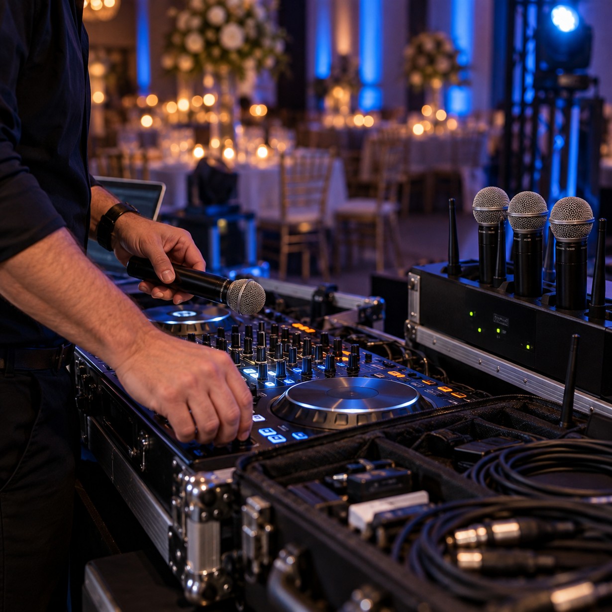 Professional DJ preparing audio equipment